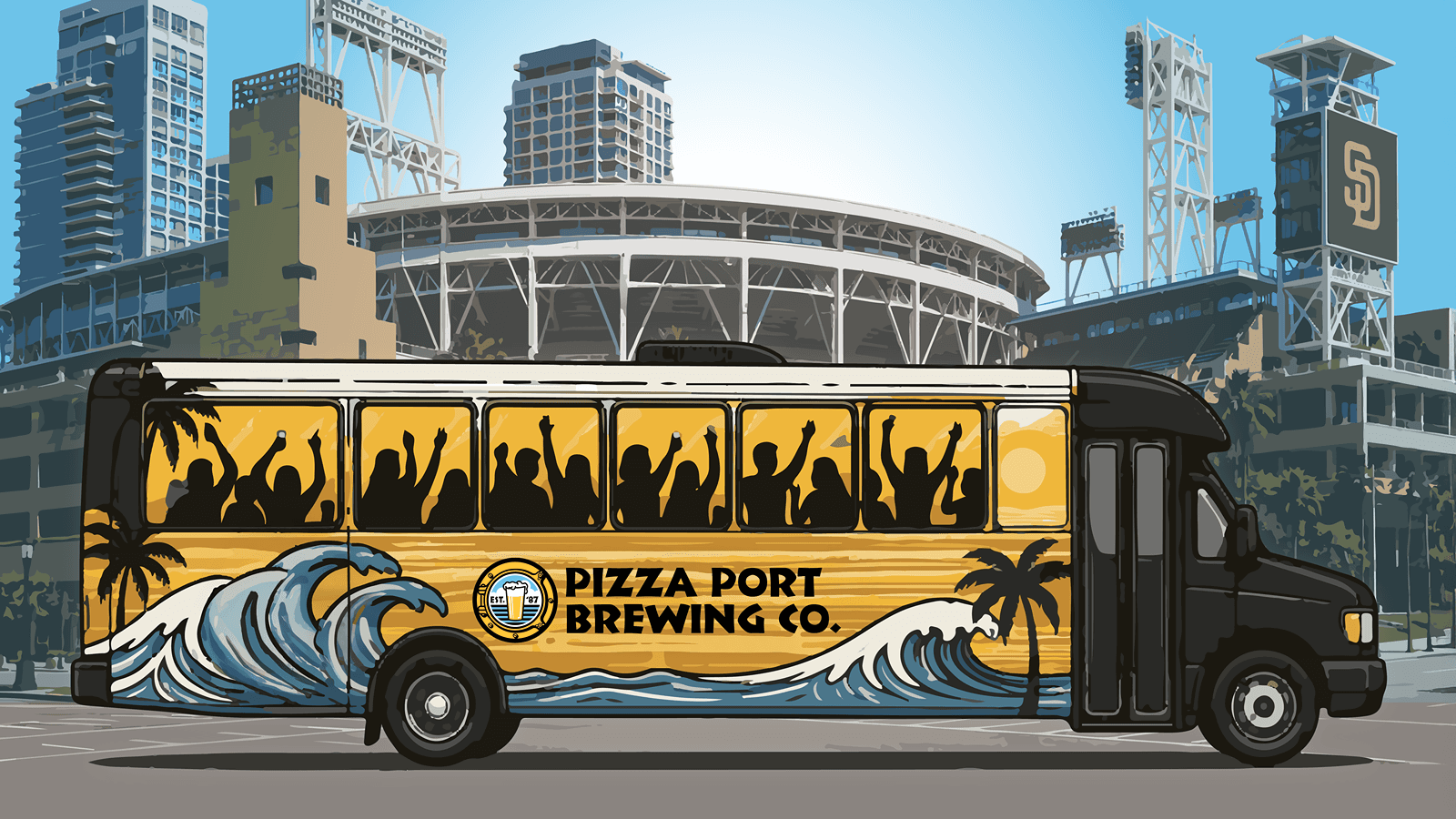 Image of a Pizza Port bus with people cheering outside of the stadium.