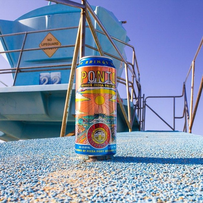Ponto Session IPA can on a Carlsbad lifeguard tower